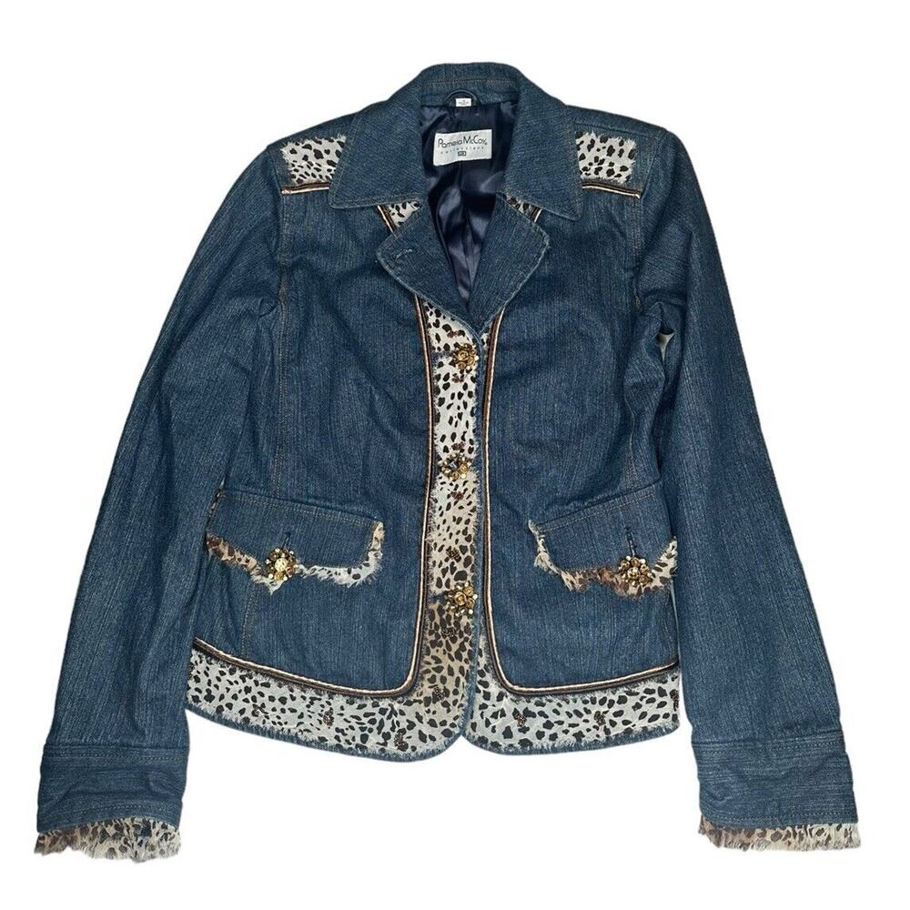 Pamela McCoy Animal Print Trim Embellished Bling Button Blue Denim Jean Jacket M